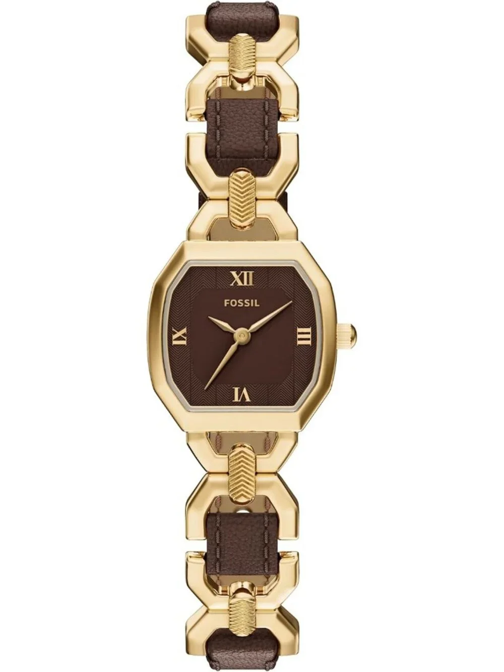 Women's Gold-Tone Stainless Steel Three-Hand Brown Leather Octagonal case Watch